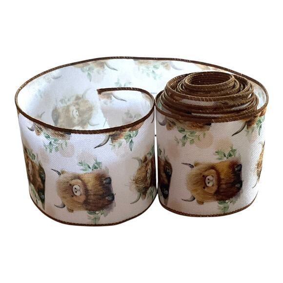 Highland Cow Ribbon 🐮 2.5” Wired Ribbon for Wreaths, Bows, Crafts & Home Decor - Picture 1 of 5